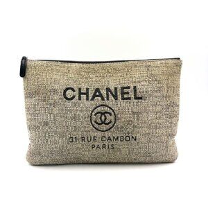 Chanel Deauville Tweed Gray Black Clutch Silver